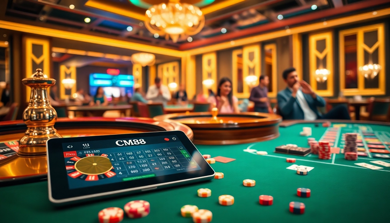 Exciting players engage in gambling with CM88 interface visible in a luxurious casino.