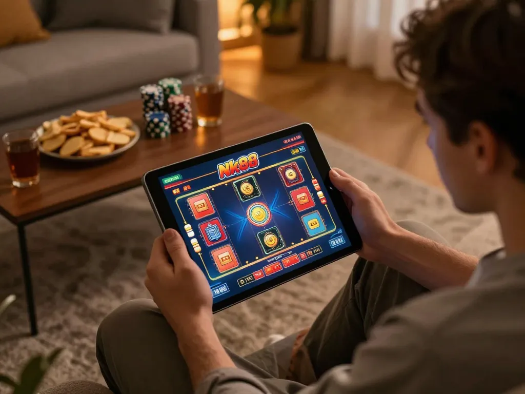 Engaged player enjoying Nk88 game on tablet in a cozy home setting, highlighting strategic gaming moments.