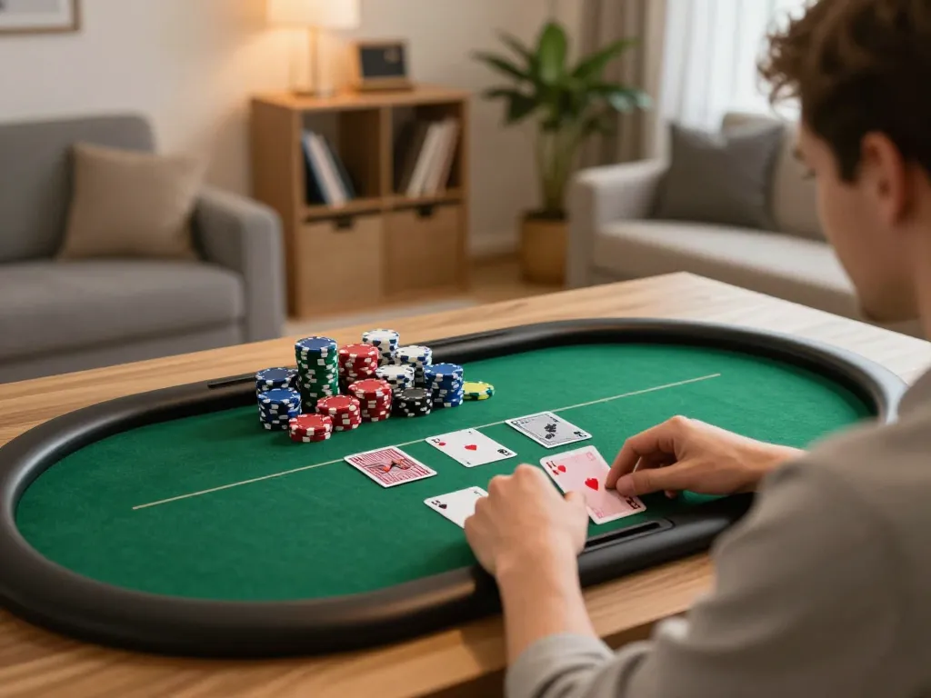 LC88 player enjoying an online poker game on a tablet in a cozy home setting.