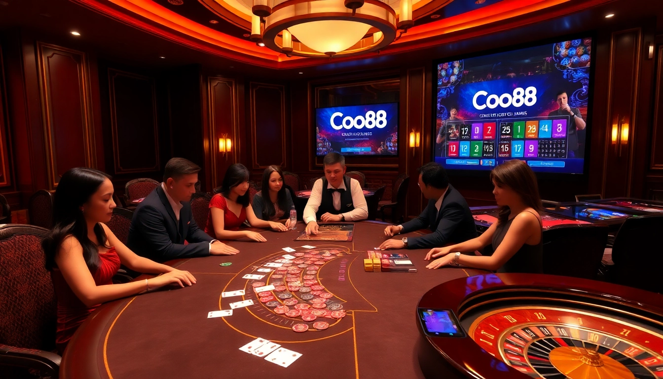 Co88 players engaging in an exciting casino game with vibrant colors and luxurious ambiance.