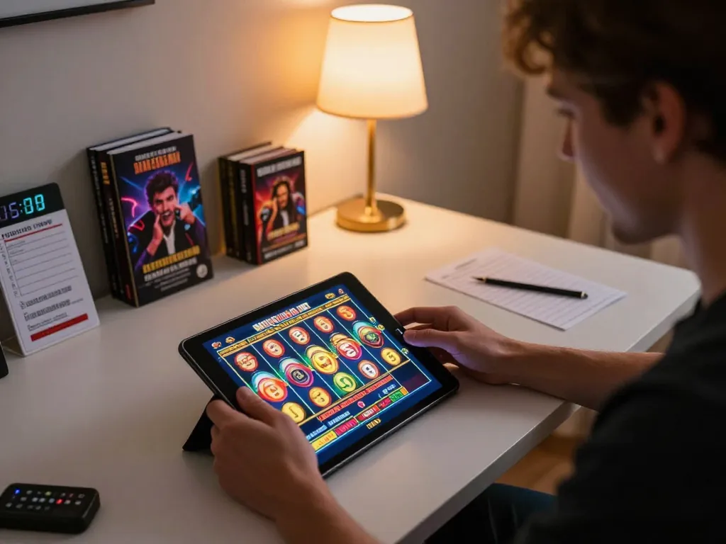 Engaging in exhilarating slot online gameplay on a tablet at home, depicting responsible gaming.