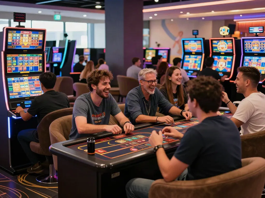 Players enjoying akunjp online gambling in a vibrant gaming lounge.