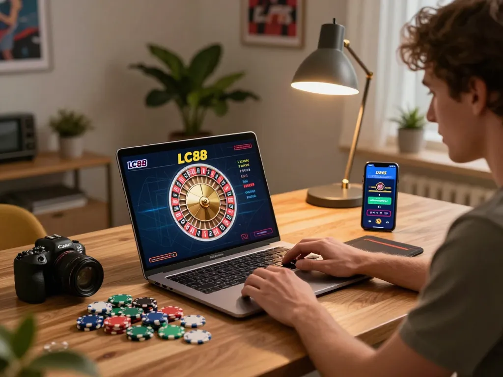 Player enjoying LC88 live dealer roulette at home with a cozy gaming setup.