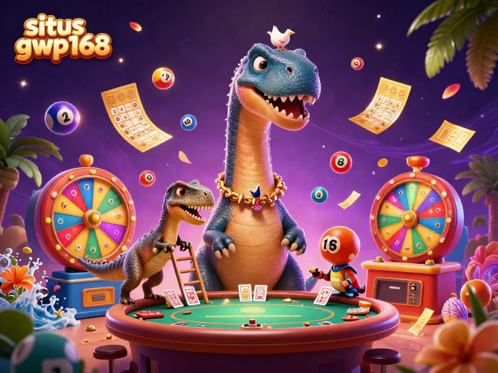 Permainan situs gwp168 dengan ilustrasi brontosaurus dan raptor di dalam kasino virtual.