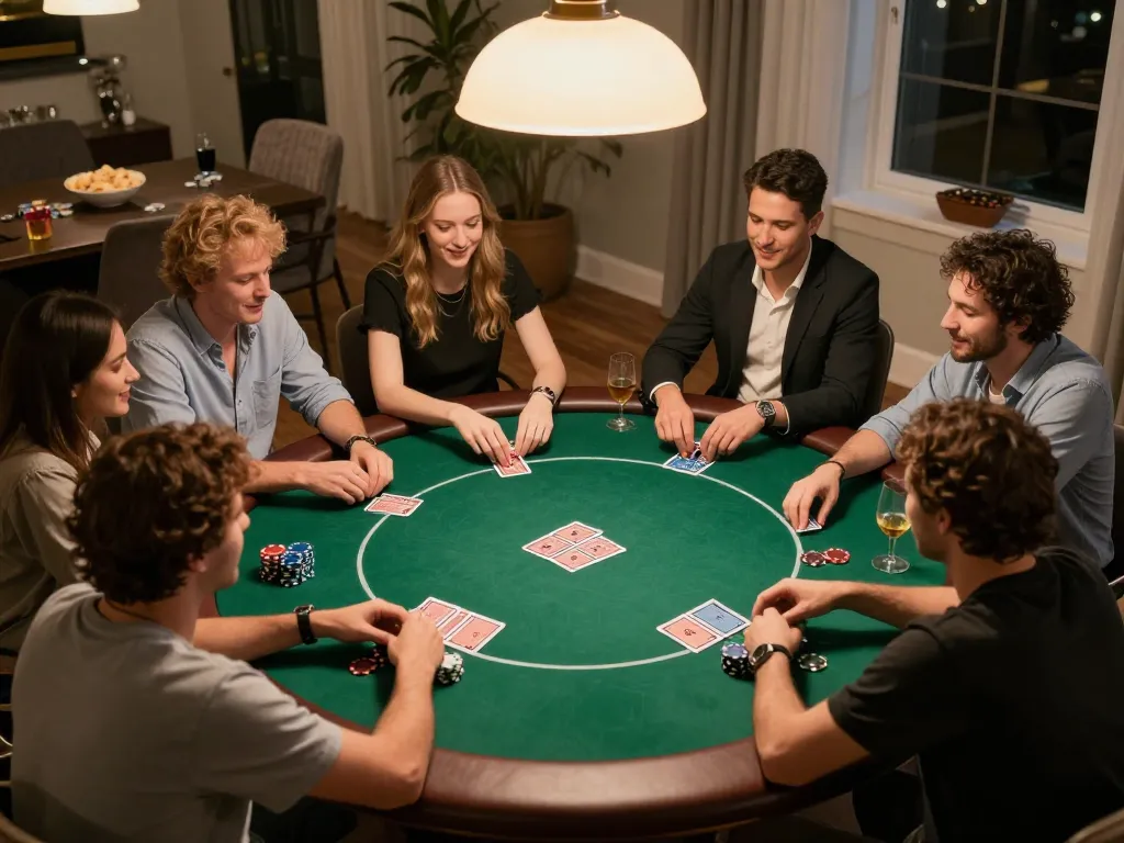 Players enjoying a lively home poker game with LV88 branding and engaging interactions.