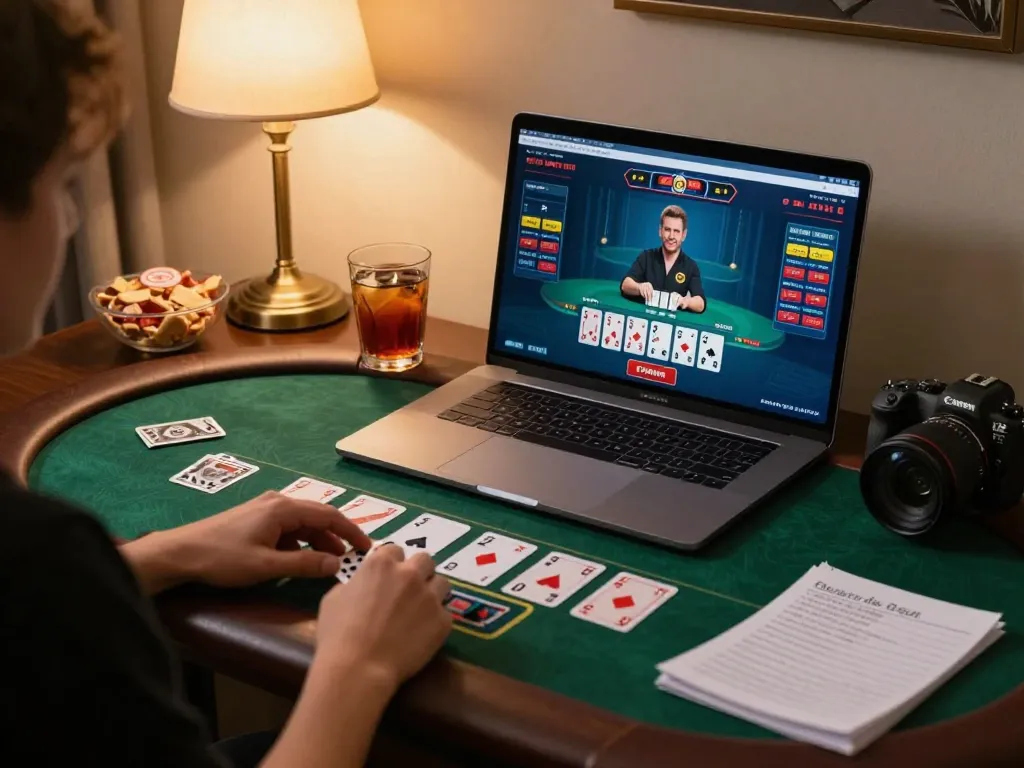 Player engaged in FC88 live blackjack online, showing betting strategy notes at a cozy home setup.