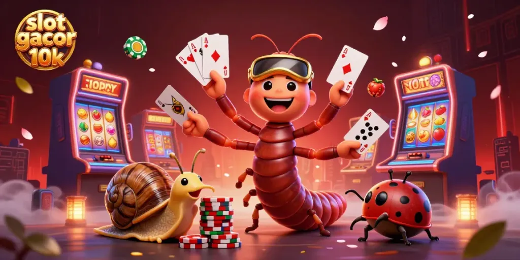 Slot gacor depo 10k: Dealer berkaki seratus bermain slot dengan simbol jackpot dan chip warna-warni.