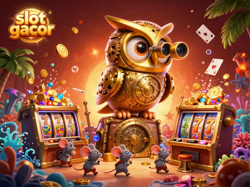 Experience thrilling gameplay with slot gacor showcasing a clockwork owl, vibrant slot reels, and gems as dynamic elements.