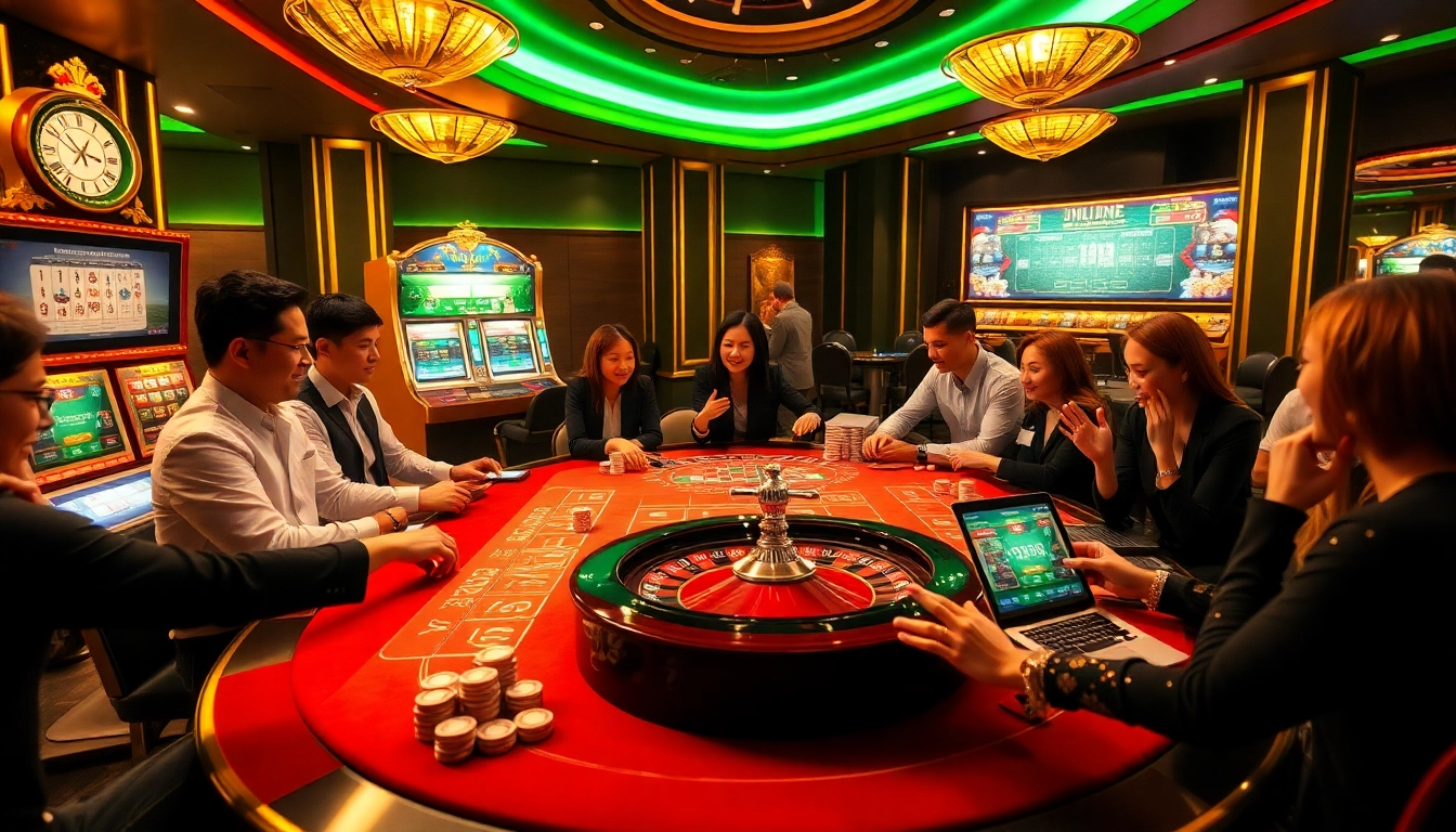 A group of excited gamblers enjoying casino games at nhacaiuytinvn.us.com, showcasing poker chips and roulette.