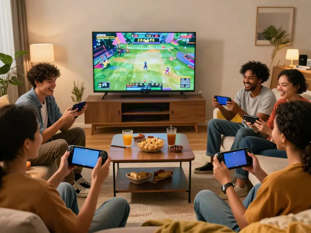 Friends enjoying a fun gaming session with ORION88 in a cozy living room