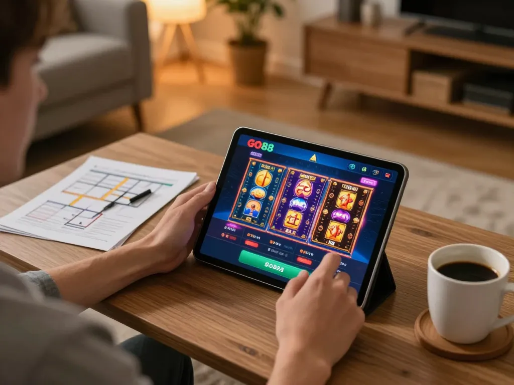 Player enjoying GO88 casino app on tablet at home, showcasing a dynamic gaming experience