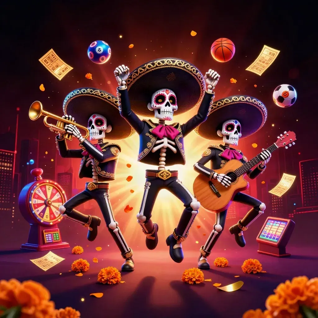 Three skeleton mariachi performers amid golden casino effects, lottery balls, wheel, and neon lights