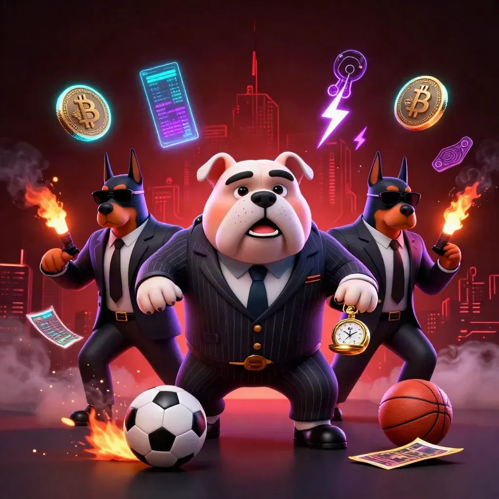 Bulldog boss with two Dobermans, coins, charts, and sports props in a neon casino burst.