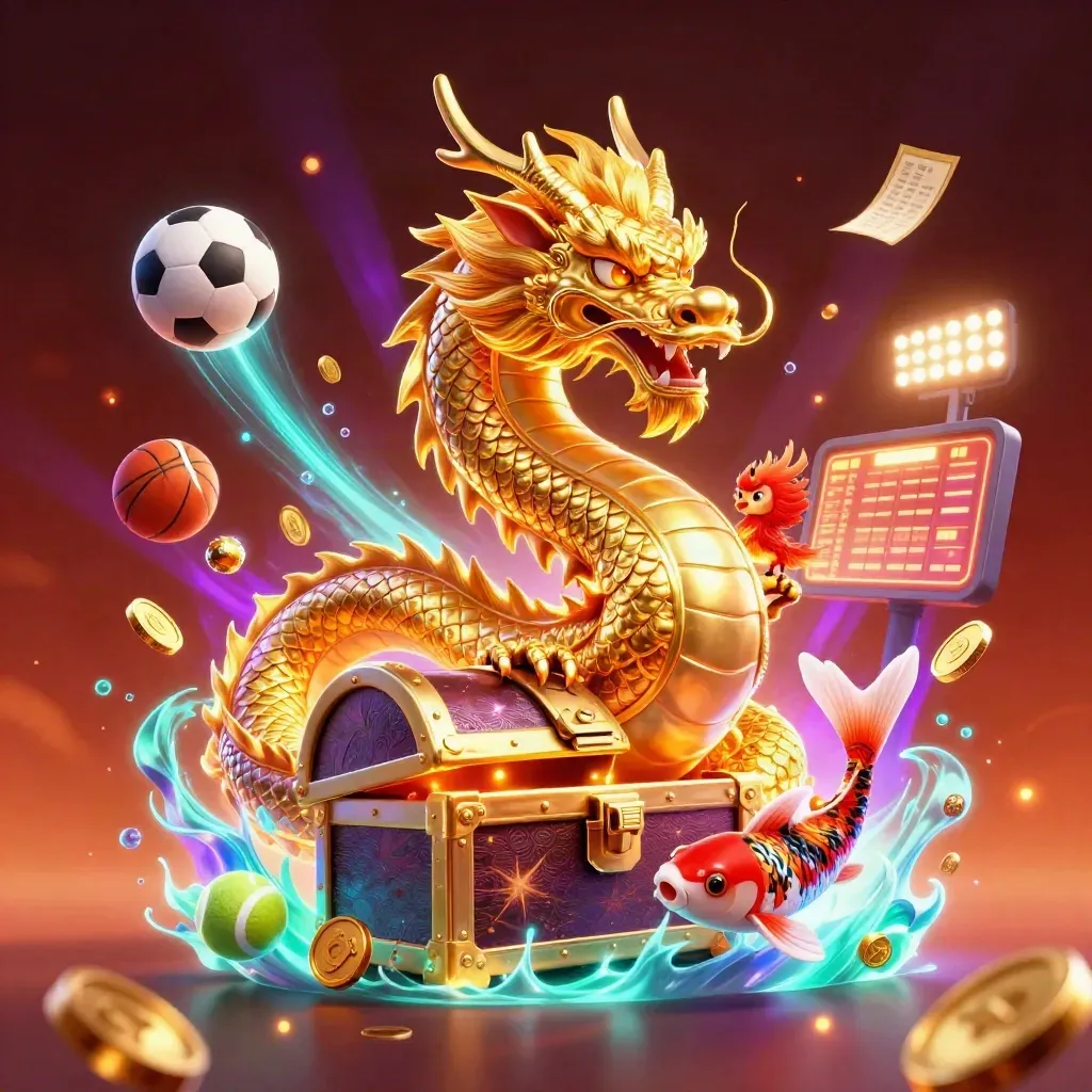 Golden dragon with phoenix and koi amid flying sports balls, coins, and glowing casino effects