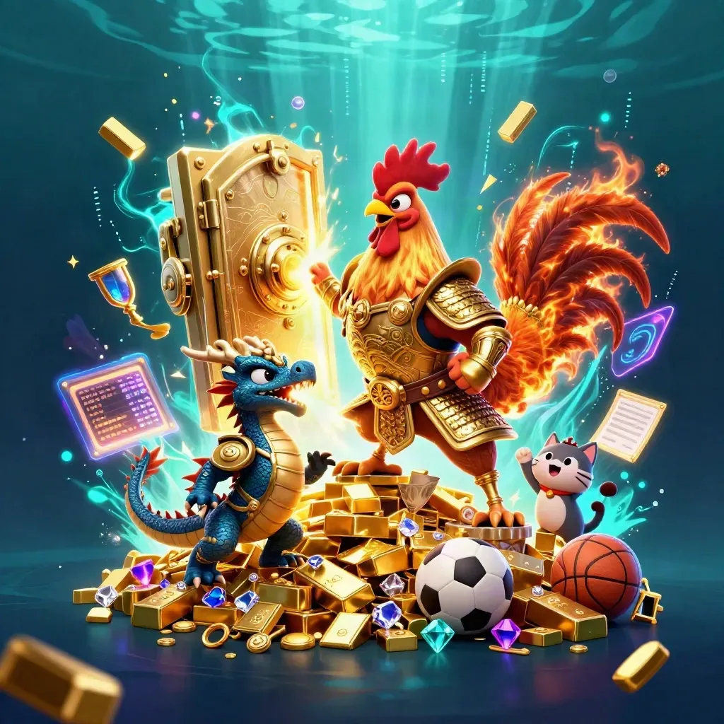 Rooster warrior, dragon hatchling, and fortune-cat burst from a treasure vault in cyan-lit casino key art.