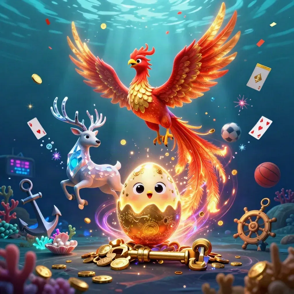 Phoenix, hatchling and crystal stag underwater amid coins, coral, cards, ball, betting slip and glow