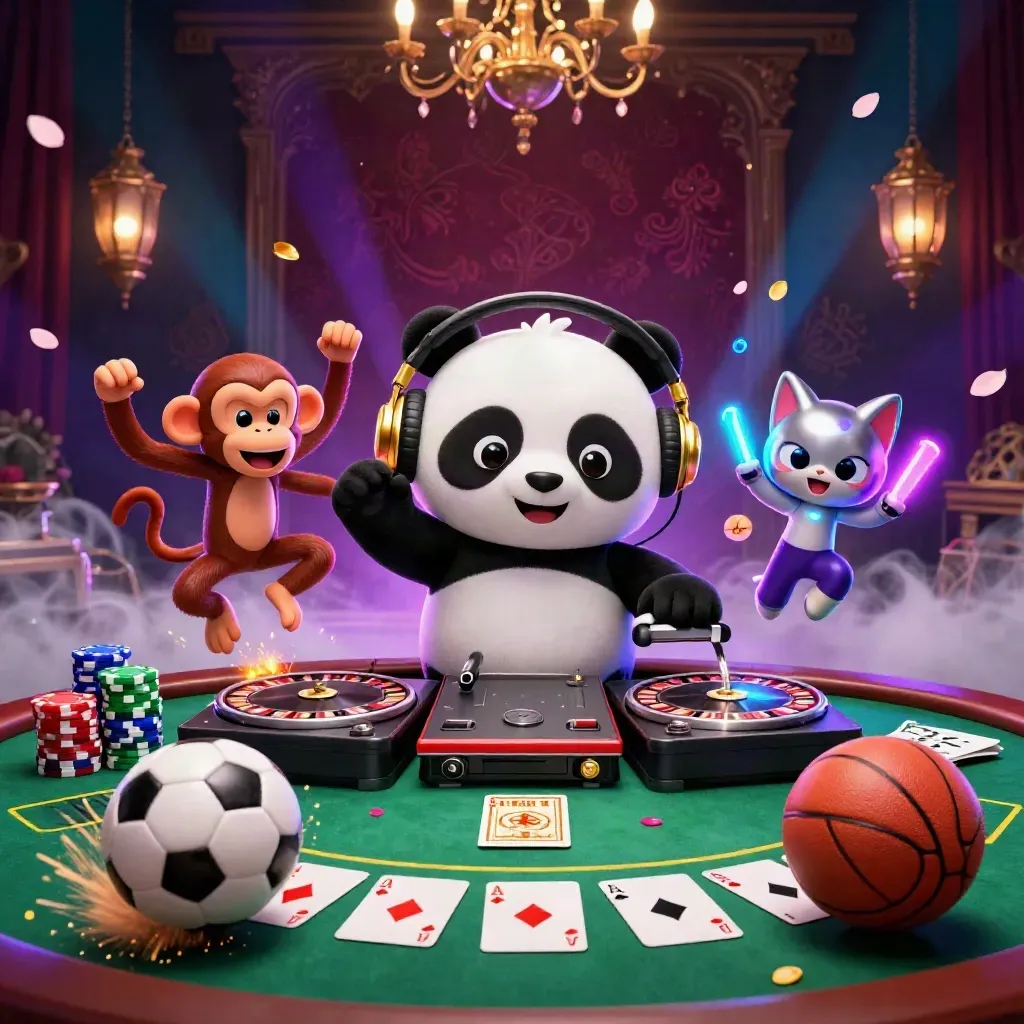 DJ panda, dancing monkey, and glow-stick kitten amid casino gear and flying sports balls