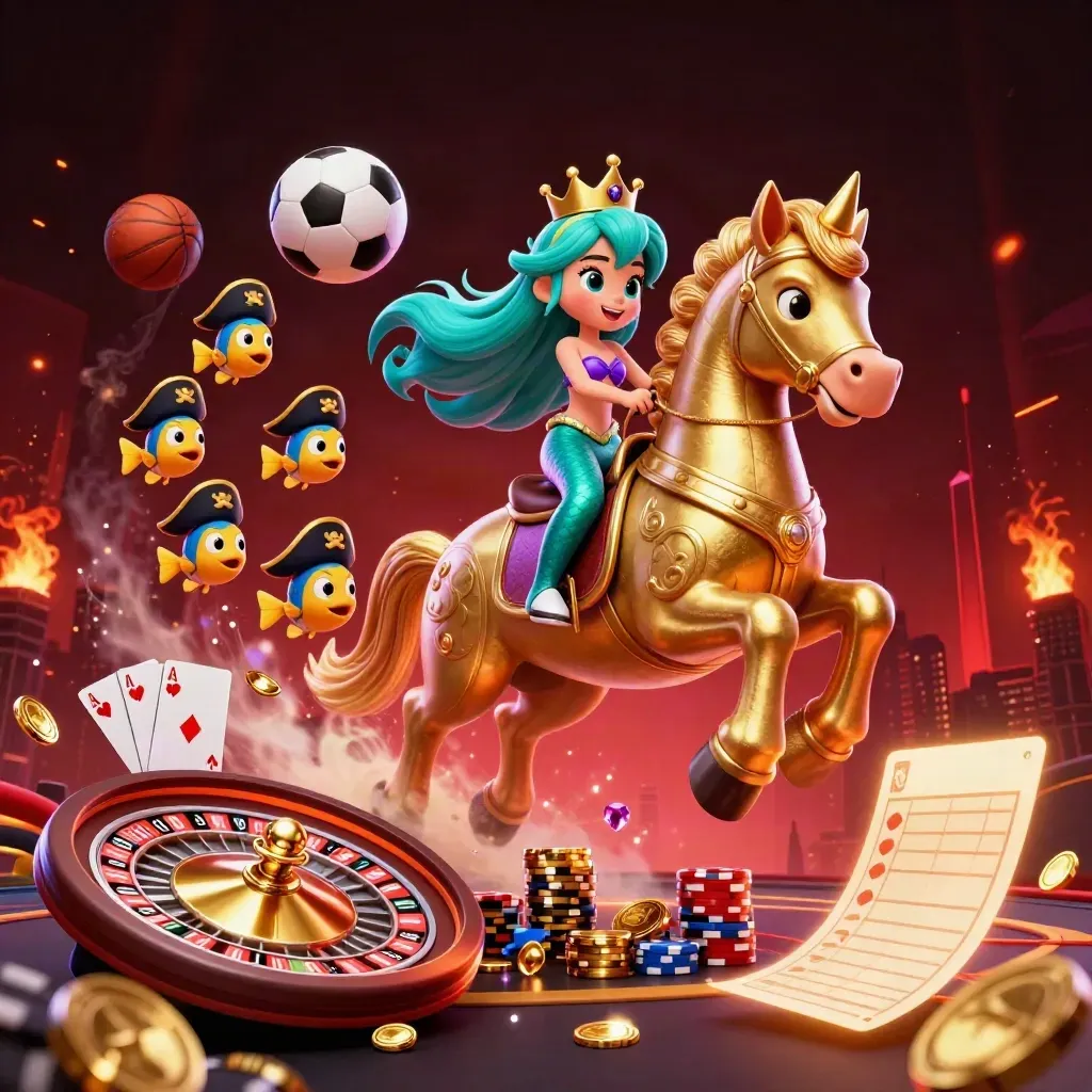 Mermaid princess on a gold-armored seahorse amid coins, cards, chips, and flying balls.