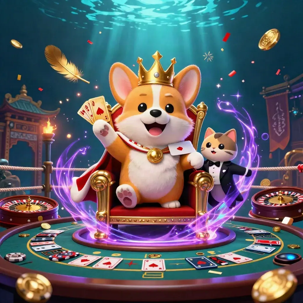 Royal corgi and cat butler in a neon casino fantasy with chips, coins, and glowing effects.