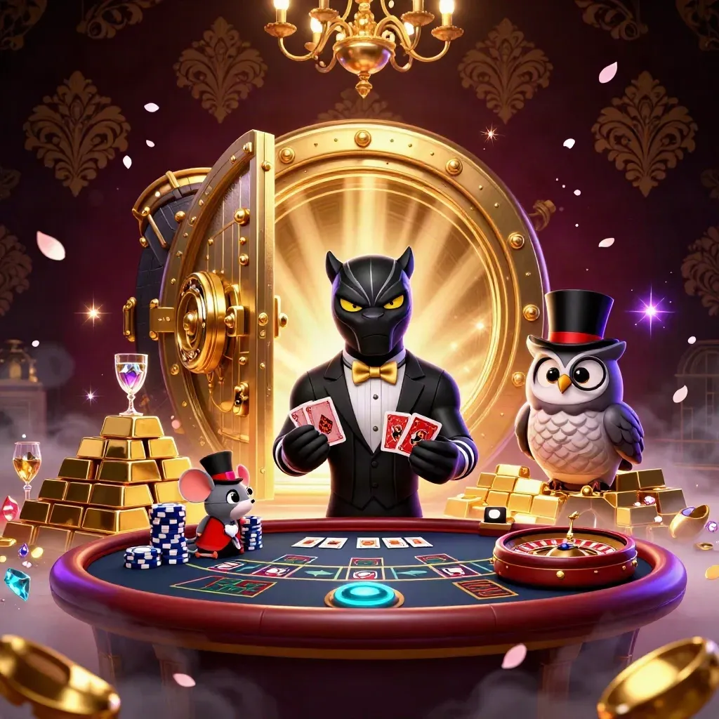 Panther, owl, and mouse in a luxe casino room as a vault bursts with gold and neon light.