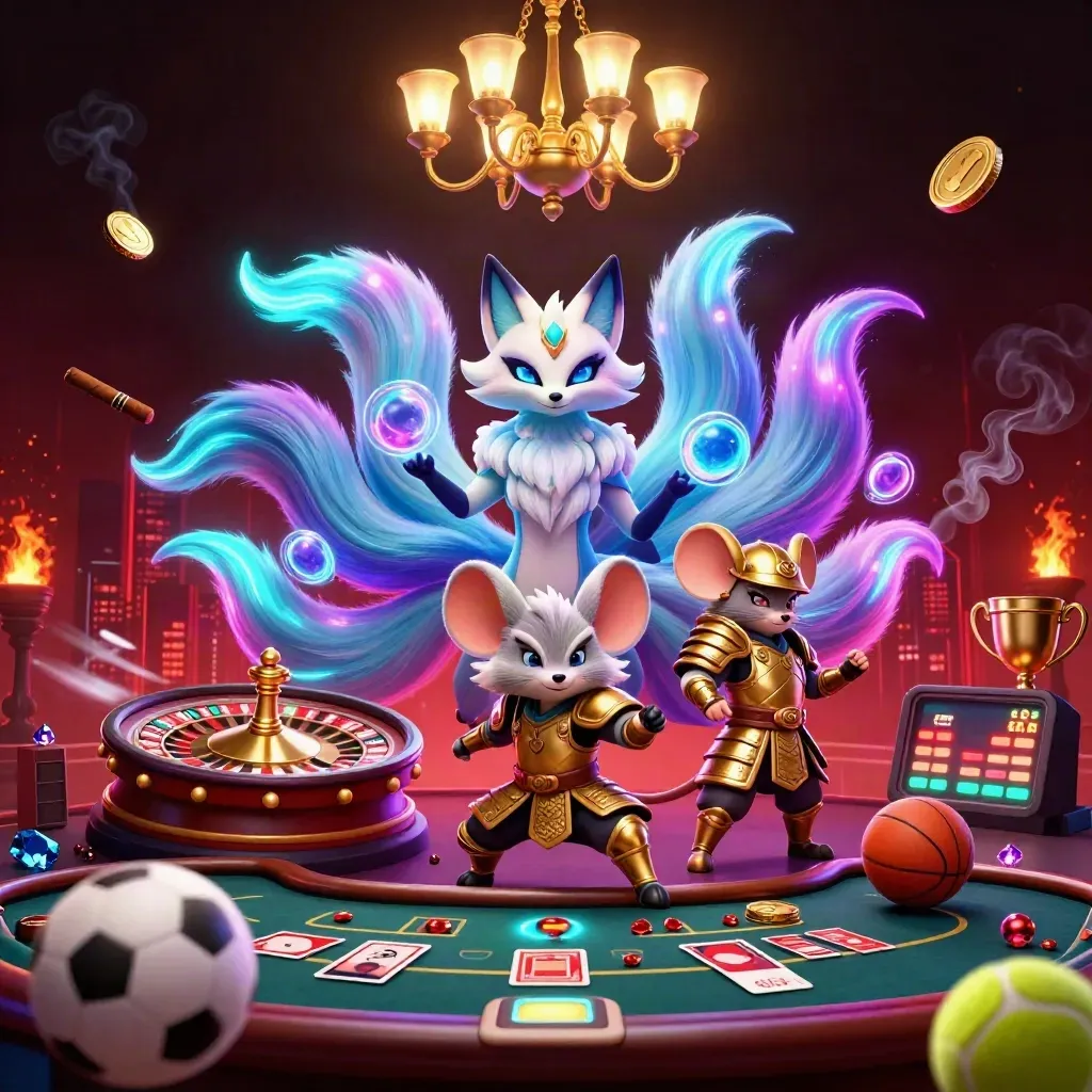 Neon fox spirit and armored mouse amid casino lights, coins, trophy, and esports props