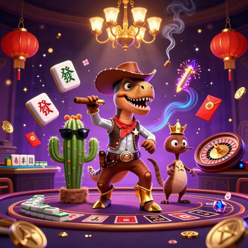 Cowboy T-Rex, cactus and roadrunner amid casino magic, lanterns, coins and neon light