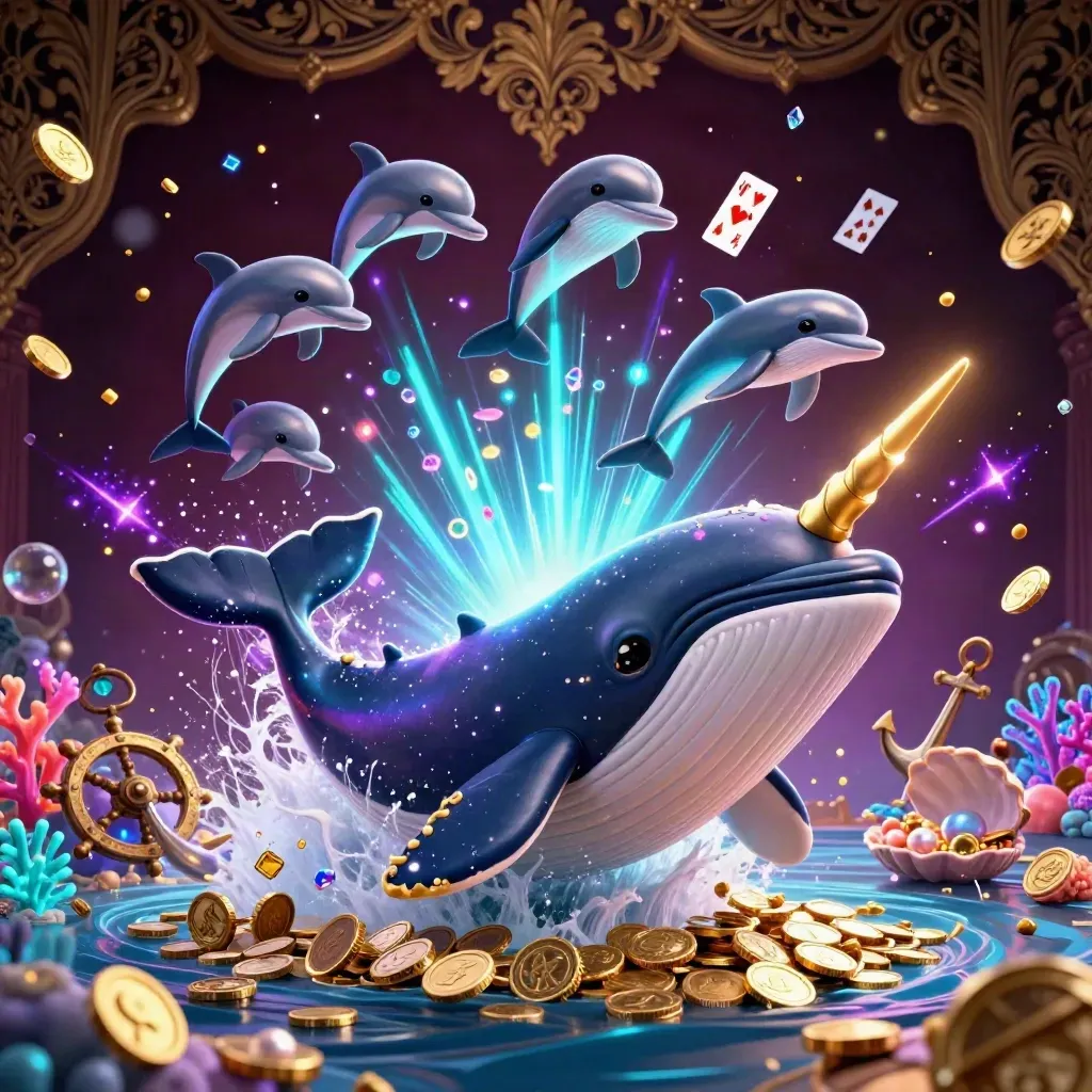 Whale captain, narwhal, and dolphins burst through coin treasure in neon cyan fantasy
