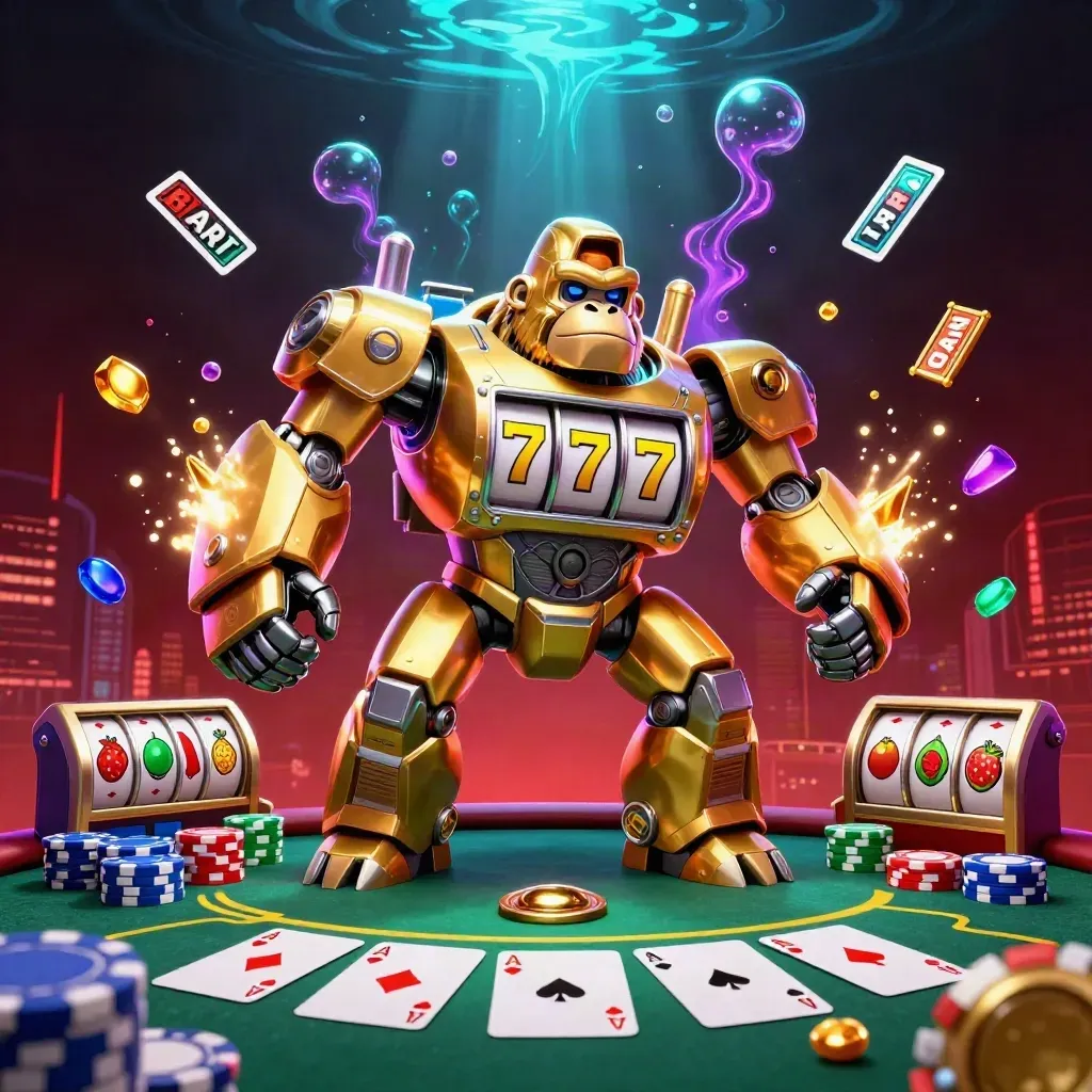 Golden gorilla mech with monkey pilot, poker props, cyan glow, dark skyline, casino splash art