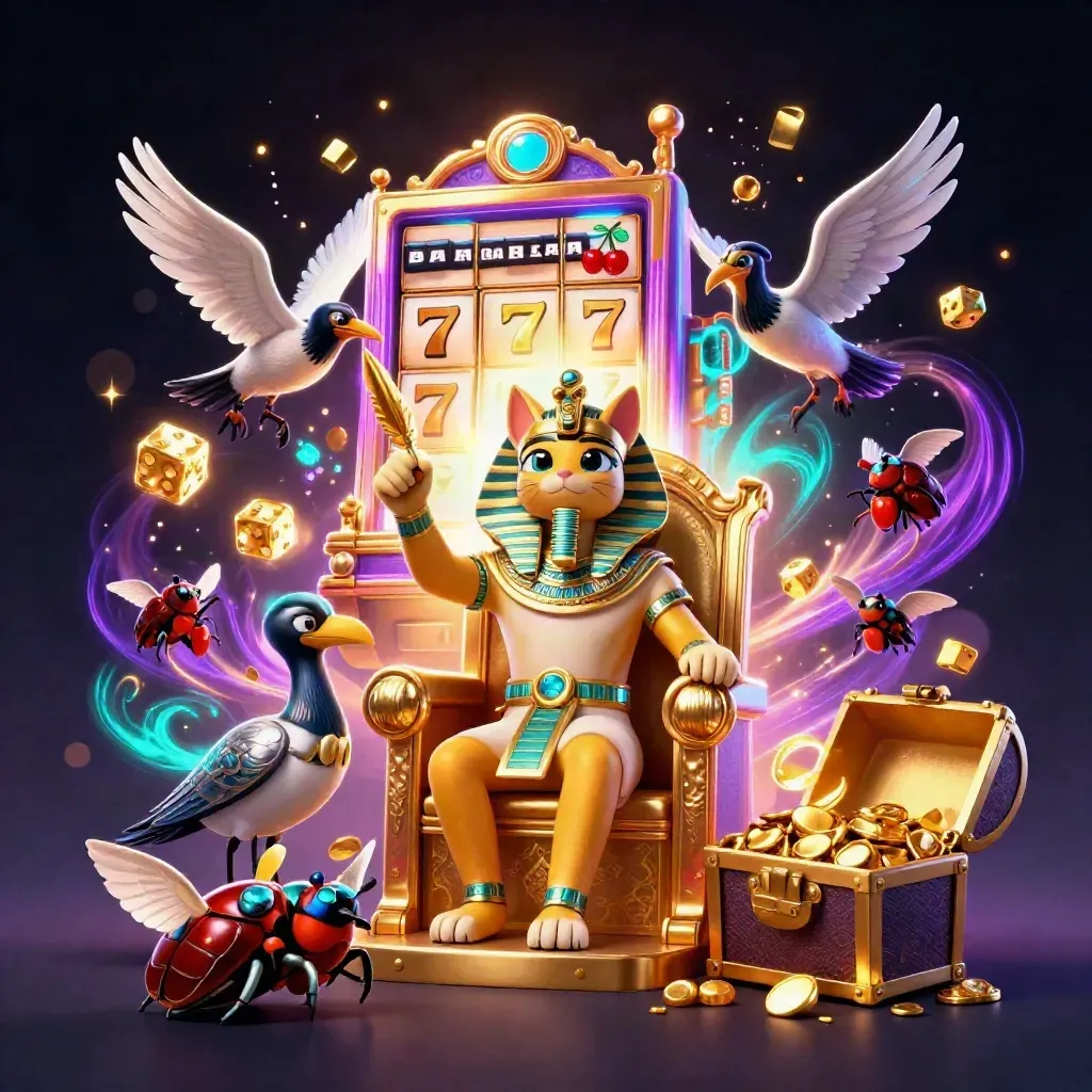 Pharaoh cat, ibis scribe, and scarab beetles amid exploding slot treasure in neon space.