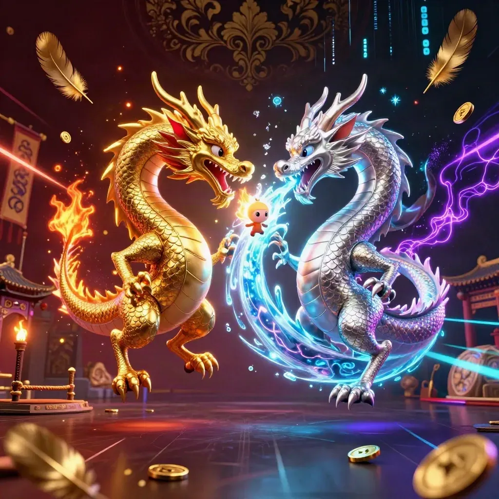Gold and silver dragons spiral in a neon fantasy casino scene with a lantern spirit.