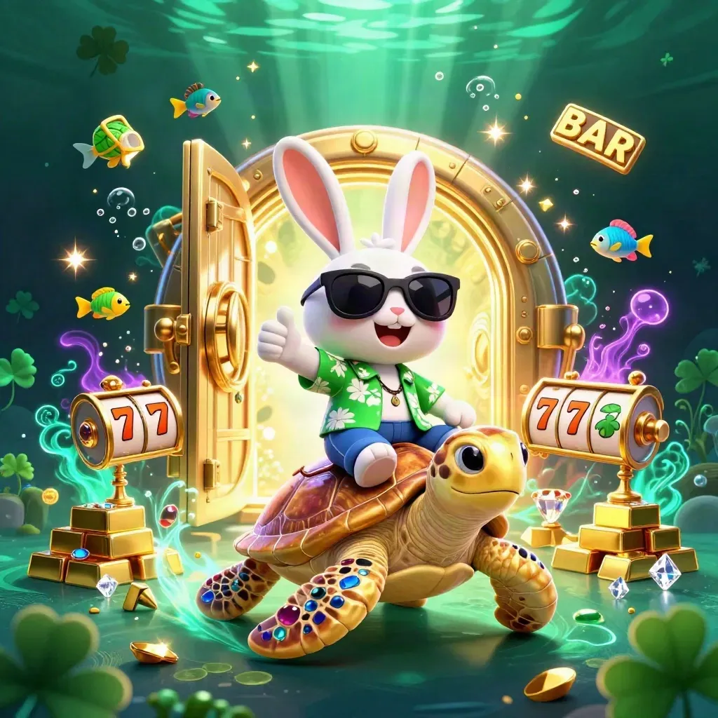 Lucky rabbit rides a golden sea turtle amid treasure, gems, reels, cyan-violet glow, and vault light.