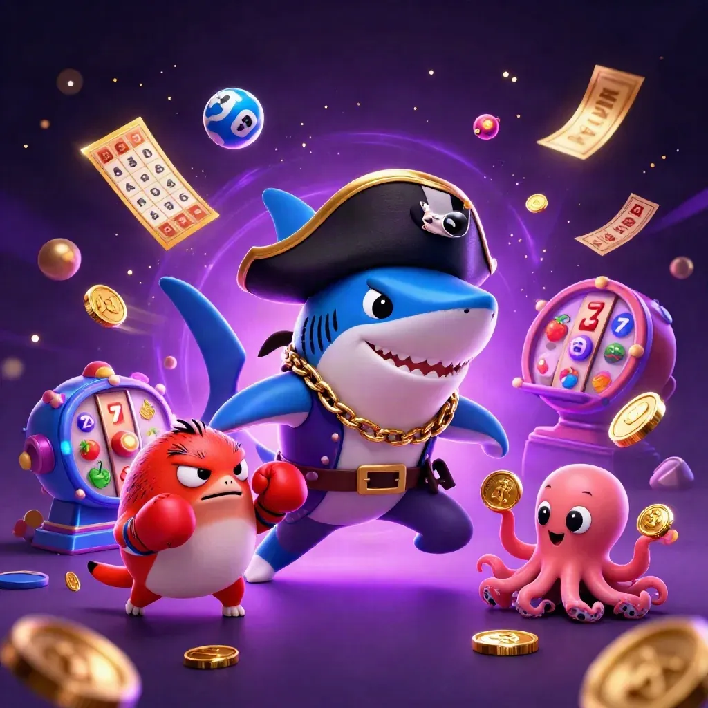 Pirate shark, boxing pufferfish, and coin-juggling octopus amid neon casino effects.