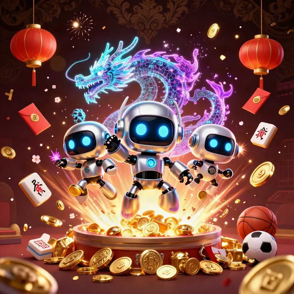 Cyberpunk robot, holographic dragon and coin drone bursting from a gold vault in neon casino light.