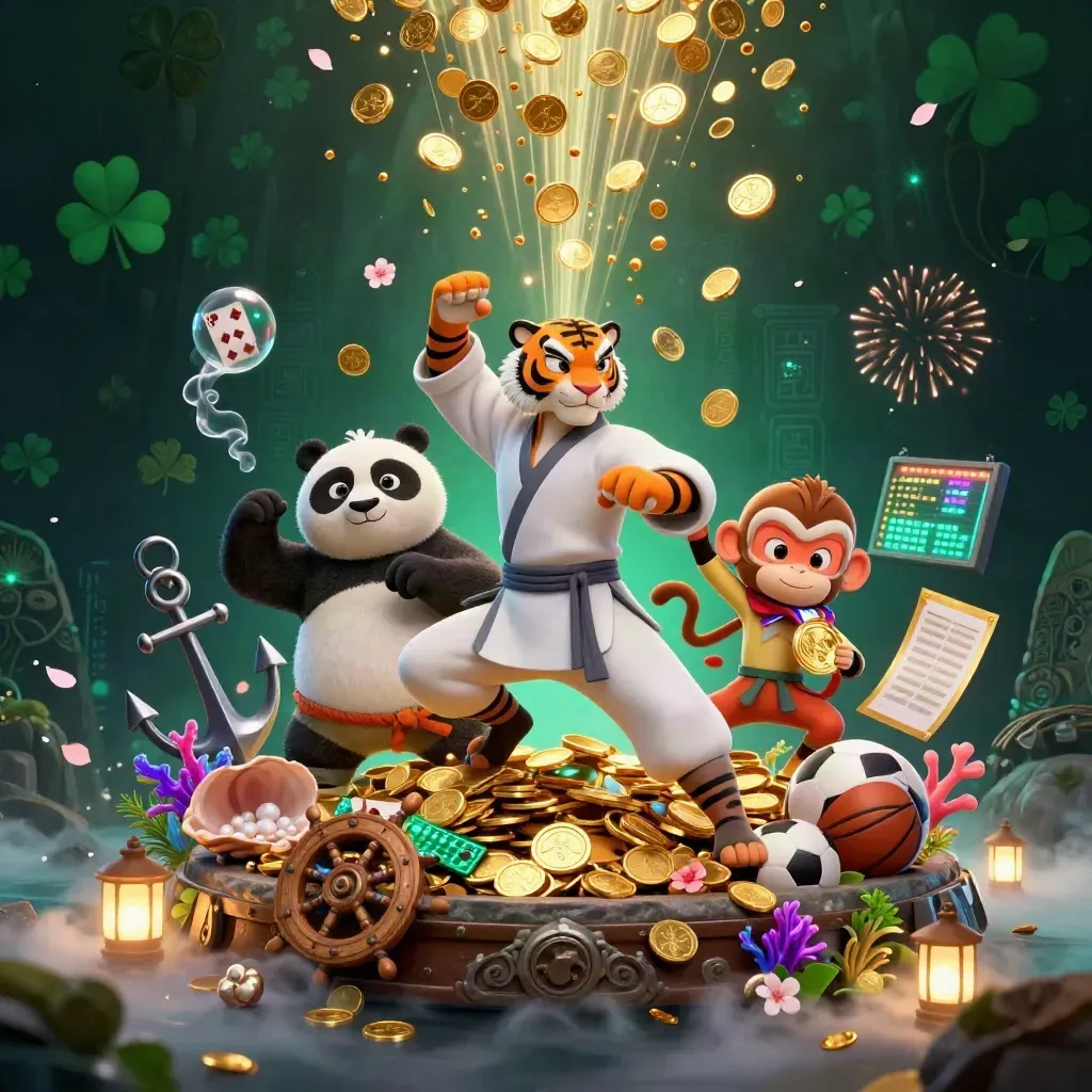 Tiger master, panda disciple and monkey thief amid coin bursts, coral, and casino sports props.