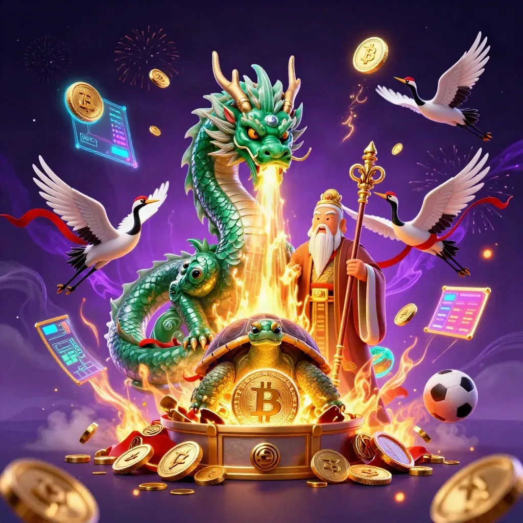 Dragon, turtle sage, and cranes amid gold coins, crypto icons, and neon casino effects.