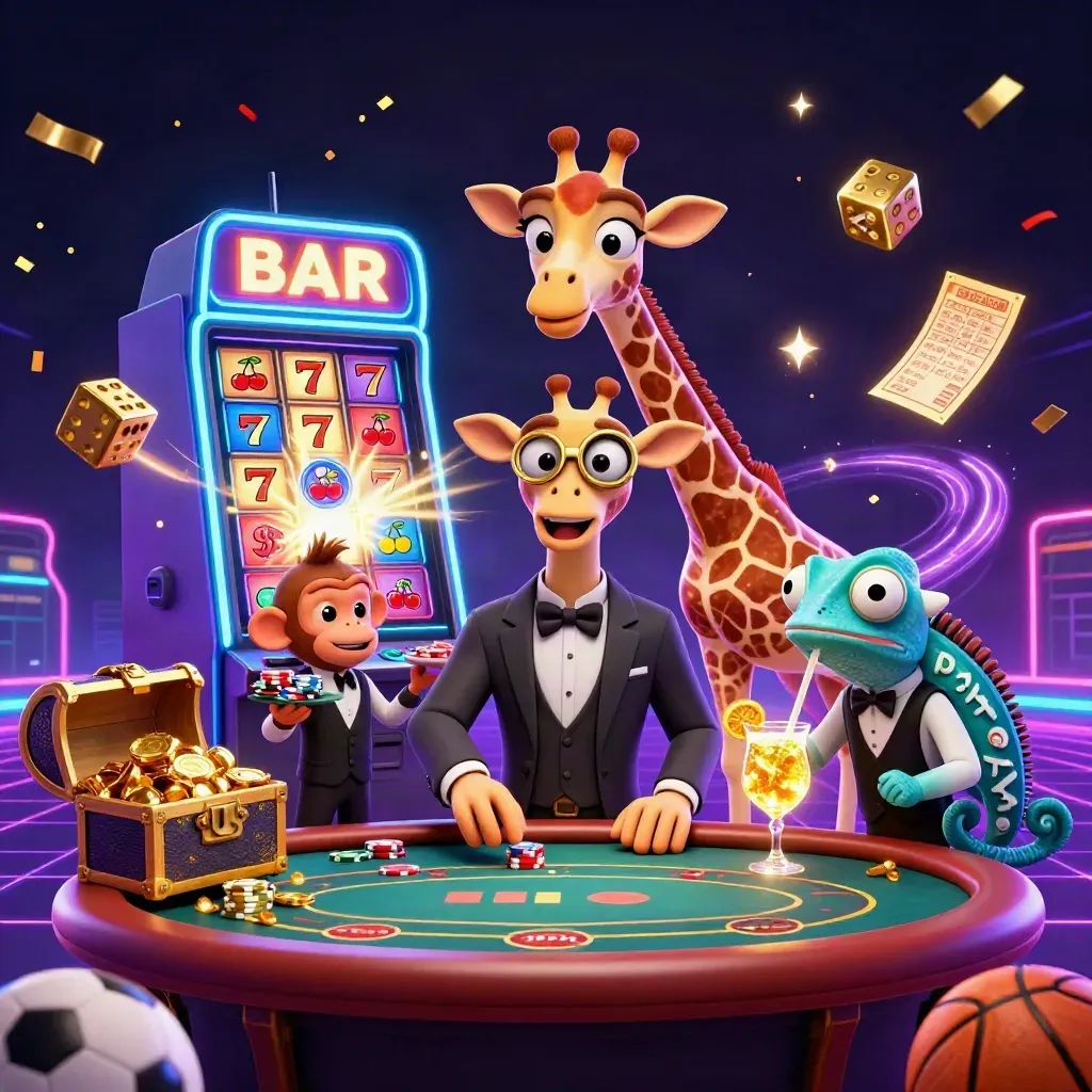 Giraffe high-roller, monkey valet, and chameleon bartender amid exploding gold casino prizes.