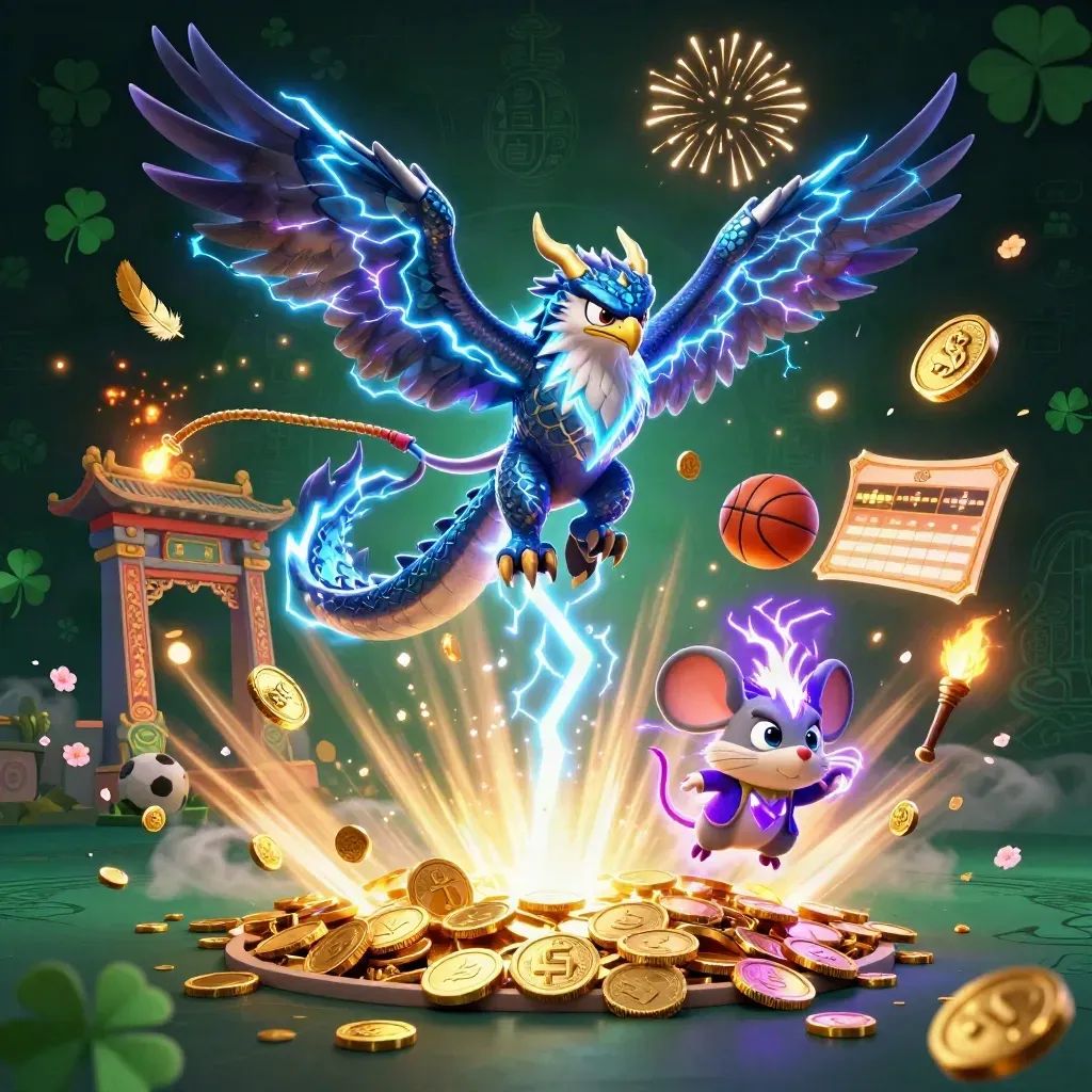 Thunder dragon, wind hawk, and static mouse explode through coins in a neon casino fantasy scene.