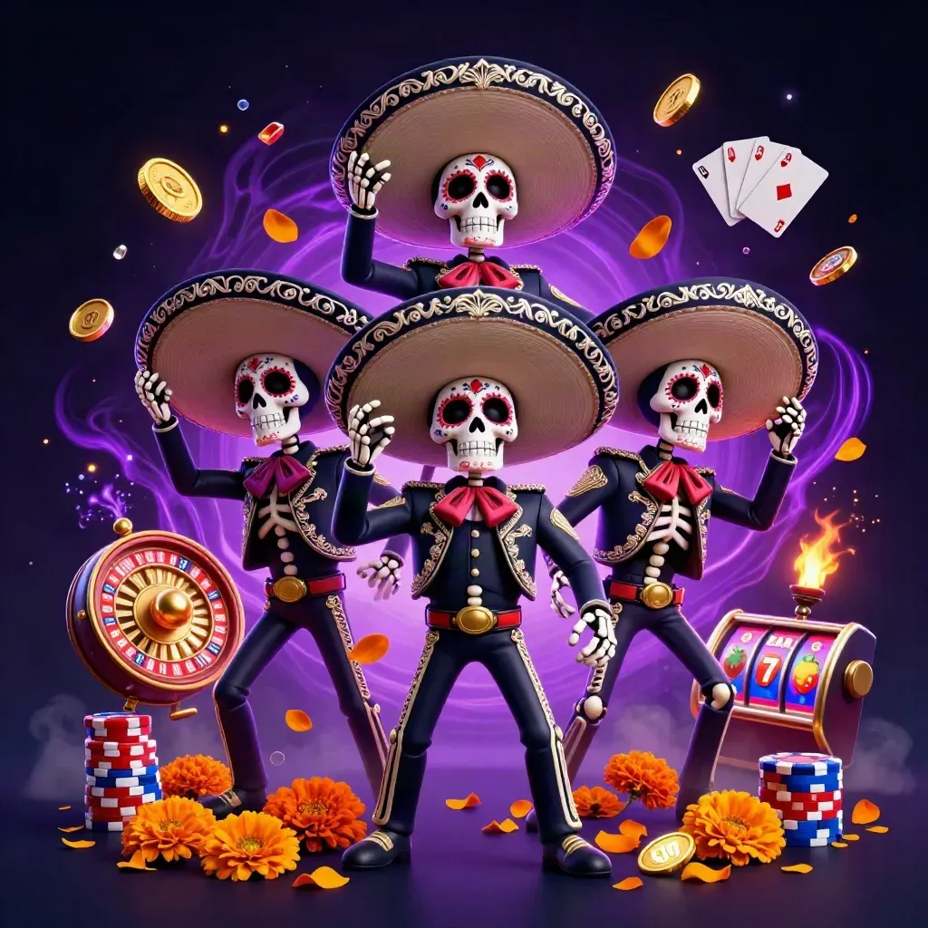 Three skeleton mariachi heroes surrounded by coins, cards, chips, and glowing casino effects.