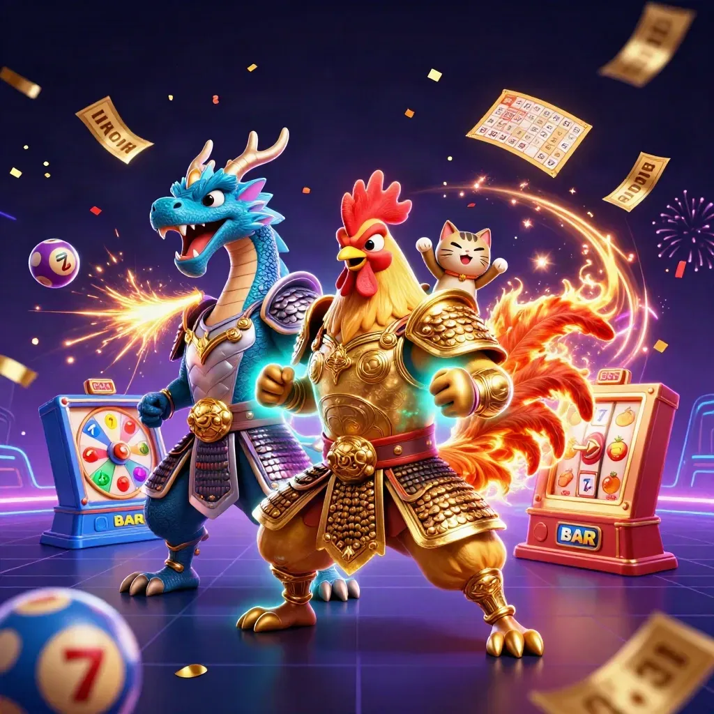 Rooster samurai, spark-breathing dragon hatchling, and fortune cat amid cyan casino reels.