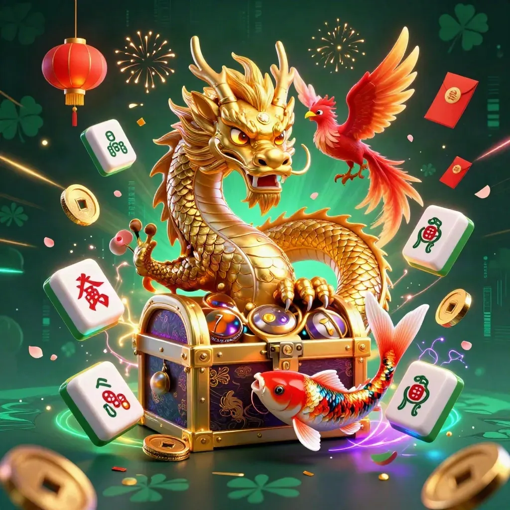 Golden dragon with phoenix and koi amid casino symbols in neon casino lighting.