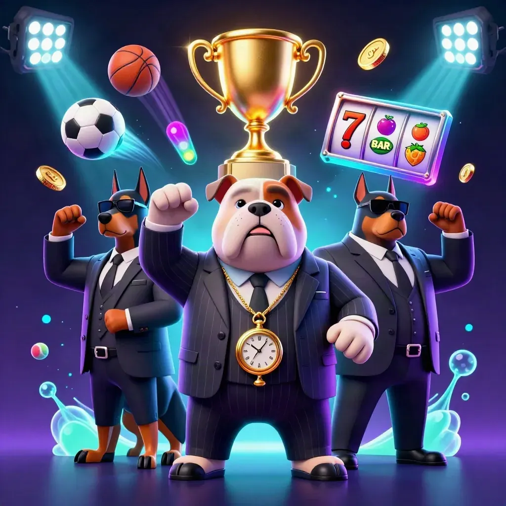Bulldog boss with two Dobermans, flying sports balls, coins, trophy, neon casino lighting.