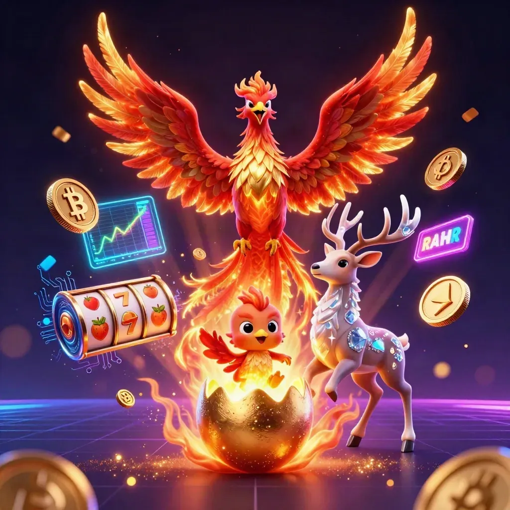 Fire phoenix, hatching baby phoenix, crystalline stag, coins, lightning, neon casino fantasy