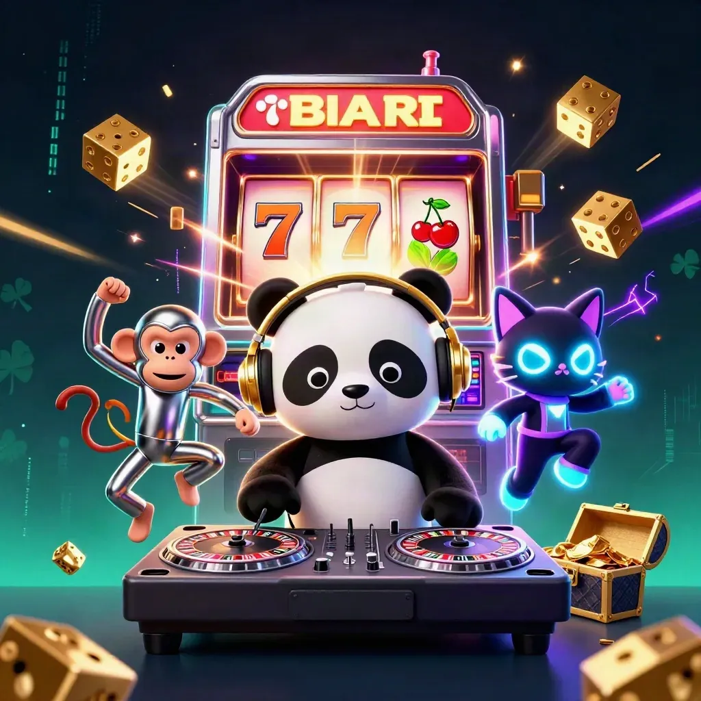 DJ panda, dancing monkey, and glow-stick kitten amid slot reels, jackpot rays, and gold