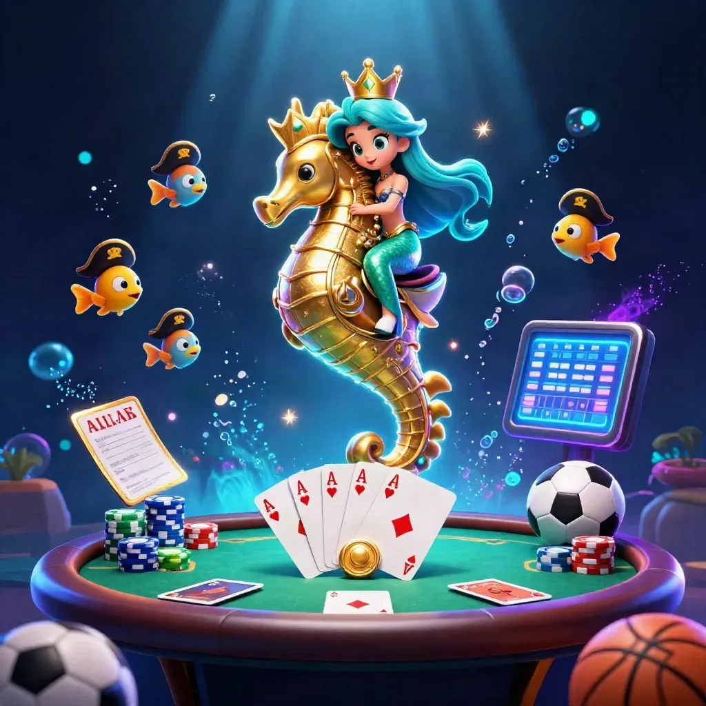 Mermaid princess on a gold seahorse with pirate fish, poker chips, aces and neon betting glow.
