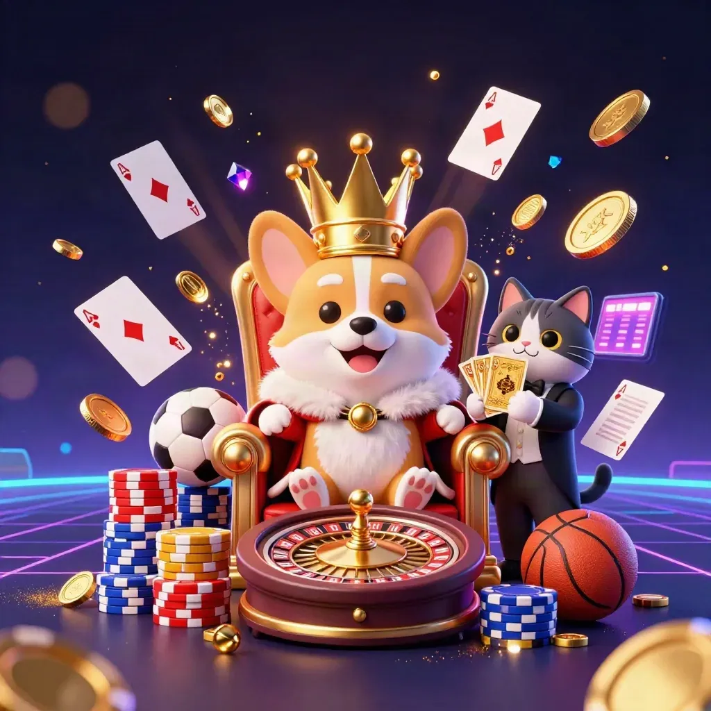 Royal corgi and cat butler amid casino chips, coins, cards, sports balls, and neon glow.
