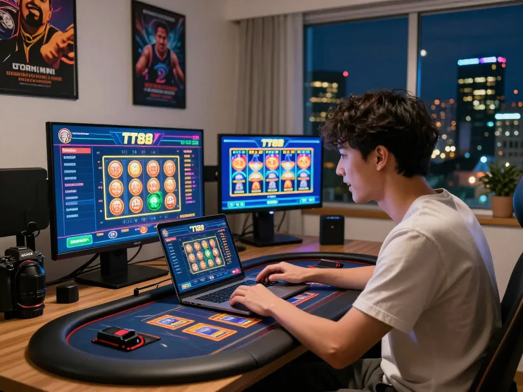 Engaged user exploring the TT88 online betting platform from home with exciting sports odds and gaming graphics.