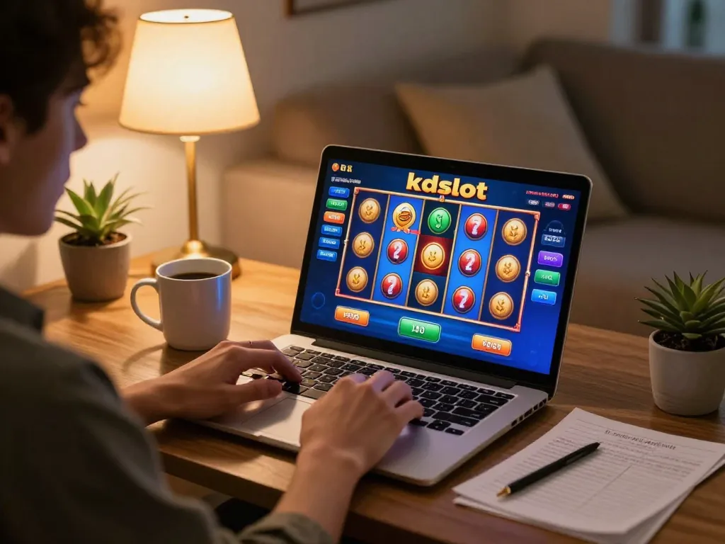 Player enjoying kdslot games on a laptop during a cozy home evening.