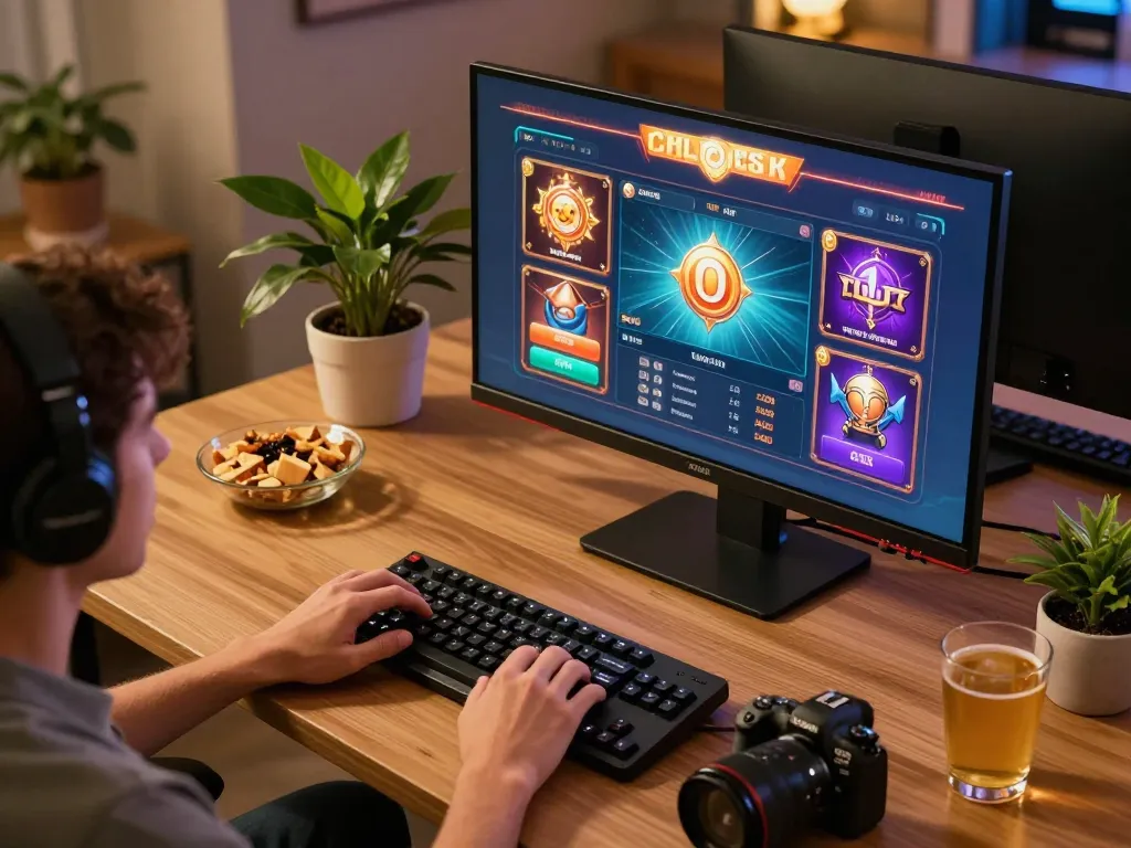 Engaging in kdslot games at home with snacks and gaming setup, showing a vibrant interface