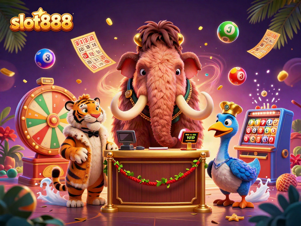 Slot888 menghadirkan ilustrasi kasino dengan mamut berbouncer, tamu VIP harimau, dan pelayan dodo, dikelilingi bola lotere berwarna.