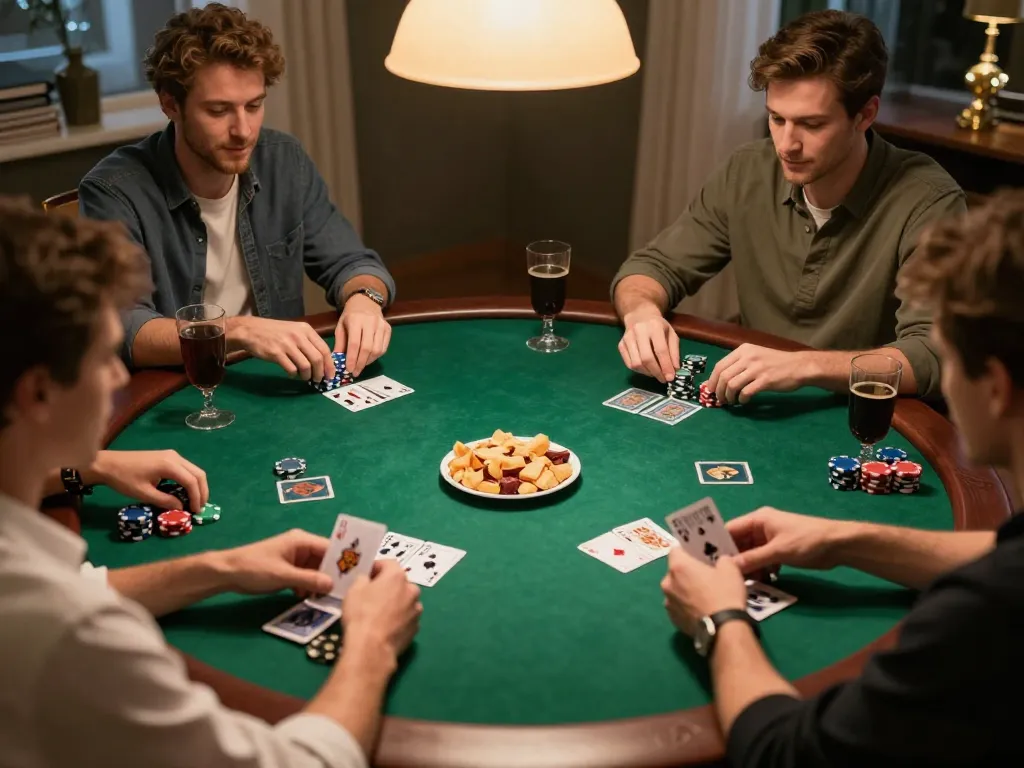 Suasana malam poker yang menarik menunjukkan teman-teman bermain Texas Hold'em di rumah, menangkap aksi dekat https://blackmomsblog.com/about/.